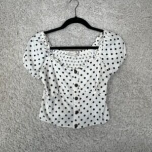 Monteau Cropped Blouse Womens Medium Polka Dot Smocked Puff Sleeve